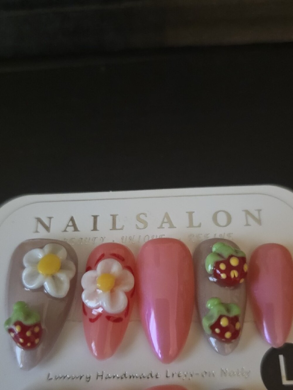 Pink Floral & Strawberry  Press-On Nail Set Large1 Set - Picture 3 of 4